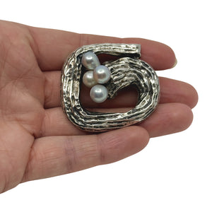 Abstract Vintage VIVO Designer Baroque Blue Gray Japanese Saltwater Akoya Cultured Pearl Brooch- Sterling Silver