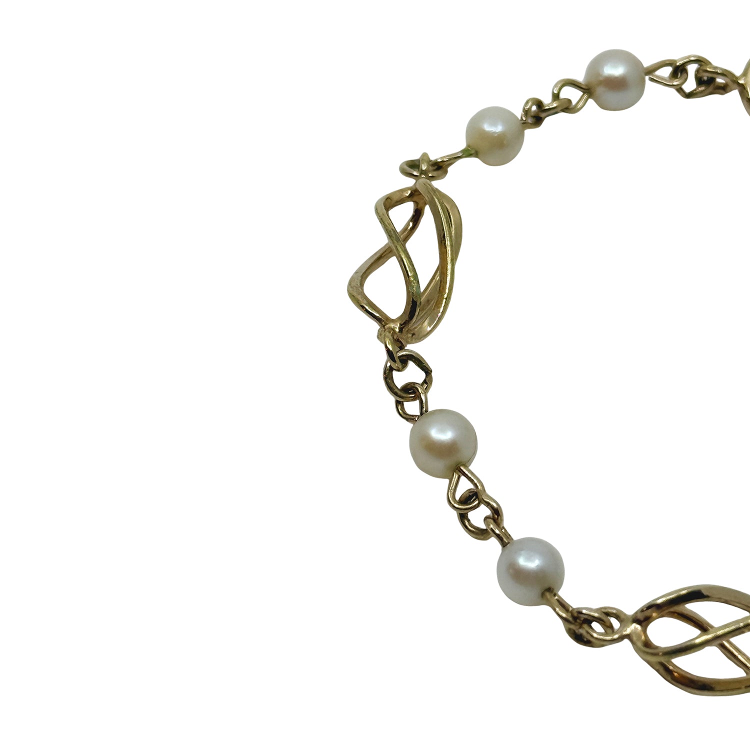 Vintage Delicate Swirl Japanese Saltwater Akoya Cultured Pearl Link Bracelet- Yellow Gold Filled