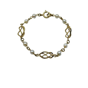 Vintage Delicate Swirl Japanese Saltwater Akoya Cultured Pearl Link Bracelet- Yellow Gold Filled