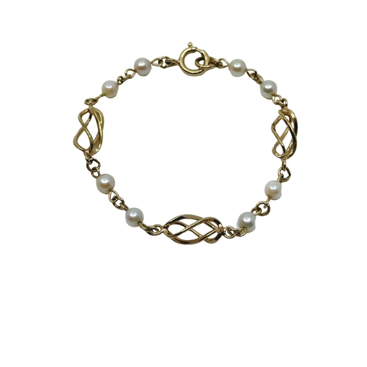 Vintage Delicate Swirl Japanese Saltwater Akoya Cultured Pearl Link Bracelet- Yellow Gold Filled