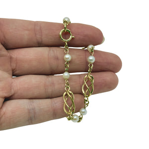 Vintage Delicate Swirl Japanese Saltwater Akoya Cultured Pearl Link Bracelet- Yellow Gold Filled