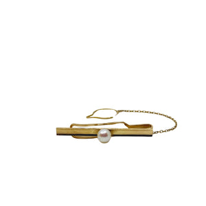 Vintage Mid Century Men's Japanese Saltwater Akoya Cultured Pearl Tie Bar- 18K Yellow Gold