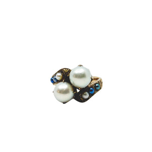 Antique Victorian Claw Prong Blue Japanese Saltwater Akoya Cultured Pearl Bypass Ring- 10K Rose Gold Size 6.50