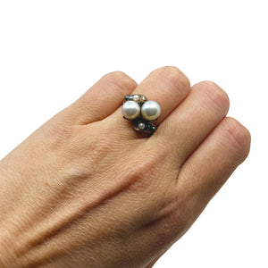 Antique Victorian Claw Prong Blue Japanese Saltwater Akoya Cultured Pearl Bypass Ring- 10K Rose Gold Size 6.50