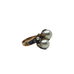 Antique Victorian Claw Prong Blue Japanese Saltwater Akoya Cultured Pearl Bypass Ring- 10K Rose Gold Size 6.50