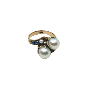 Antique Victorian Claw Prong Blue Japanese Saltwater Akoya Cultured Pearl Bypass Ring- 10K Rose Gold Size 6.50