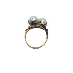Antique Victorian Claw Prong Blue Japanese Saltwater Akoya Cultured Pearl Bypass Ring- 10K Rose Gold Size 6.50