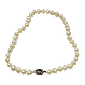 Vintage Filigree Flower 8.50mm Mid Century Japanese Saltwater Akoya Cultured Pearl Choker Necklace - Sterling Silver 16 Inch