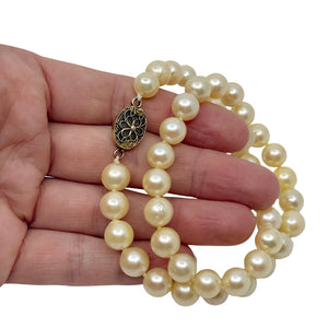 Vintage Filigree Flower 8.50mm Mid Century Japanese Saltwater Akoya Cultured Pearl Choker Necklace - Sterling Silver 16 Inch
