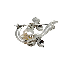 Stardust Textured Leaf Vintage Japanese Saltwater Akoya Cultured Pearl Brooch- Sterling Silver