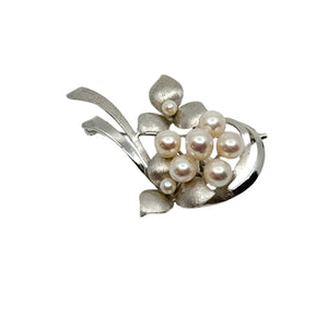 Stardust Textured Leaf Vintage Japanese Saltwater Akoya Cultured Pearl Brooch- Sterling Silver
