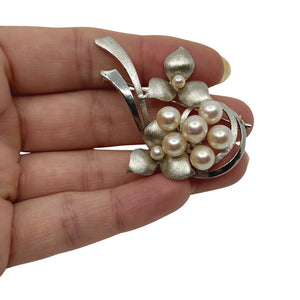 Stardust Textured Leaf Vintage Japanese Saltwater Akoya Cultured Pearl Brooch- Sterling Silver