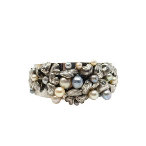 Art Nouveau Engraved Japanese Saltwater Blue & White Akoya Cultured Pearl Cuff Bracelet- Sterling Silver