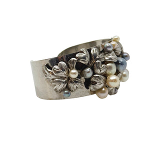 Art Nouveau Engraved Japanese Saltwater Blue & White Akoya Cultured Pearl Cuff Bracelet- Sterling Silver