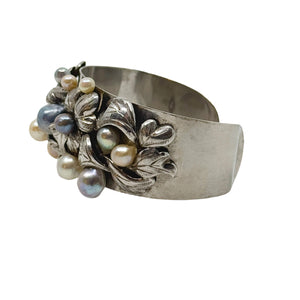 Art Nouveau Engraved Japanese Saltwater Blue & White Akoya Cultured Pearl Cuff Bracelet- Sterling Silver