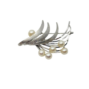 Vintage Textured Spray Japanese Saltwater Akoya Cultured Pearl Brooch- Sterling Silver