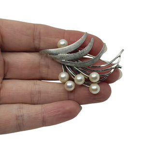Vintage Textured Spray Japanese Saltwater Akoya Cultured Pearl Brooch- Sterling Silver