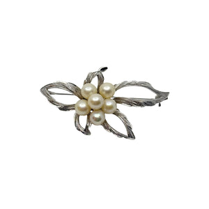 Vintage Engraved Leaf Japanese Saltwater Akoya Cultured Pearl Brooch- Sterling Silver