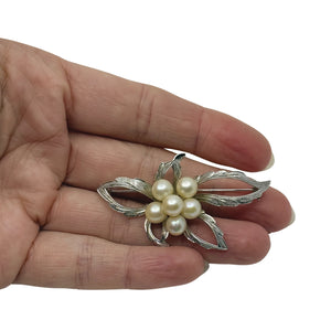 Vintage Engraved Leaf Japanese Saltwater Akoya Cultured Pearl Brooch- Sterling Silver
