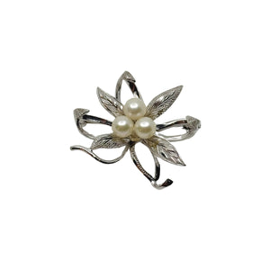 Vintage Floral Leaf Japanese Saltwater Akoya Cultured Pearl Brooch- Sterling Silver