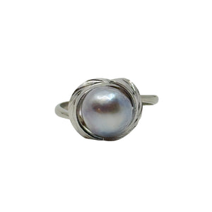 Vintage Blue Japanese Saltwater Akoya Cultured Pearl Solitaire Ring- Sterling Silver Sz 7