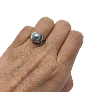 Vintage Blue Japanese Saltwater Akoya Cultured Pearl Solitaire Ring- Sterling Silver Sz 7