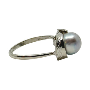 Vintage Blue Japanese Saltwater Akoya Cultured Pearl Solitaire Ring- Sterling Silver Sz 7
