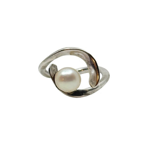 Handmade Bypass Solitaire Japanese Saltwater Akoya Cultured Pearl Vintage Ring- Sterling Silver Sz 5