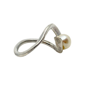 Handmade Bypass Solitaire Japanese Saltwater Akoya Cultured Pearl Vintage Ring- Sterling Silver Sz 5