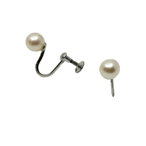 7mm Vintage Solitaire Japanese Akoya Saltwater Cultured Pearl Screwback Earrings- Sterling Silver