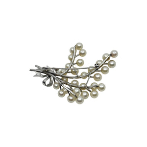 Engraved Ribbon Tree Branch Japanese Saltwater Akoya Cultured Pearl Vintage Spray Brooch- Sterling Silver