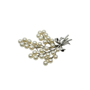 Engraved Ribbon Tree Branch Japanese Saltwater Akoya Cultured Pearl Vintage Spray Brooch- Sterling Silver