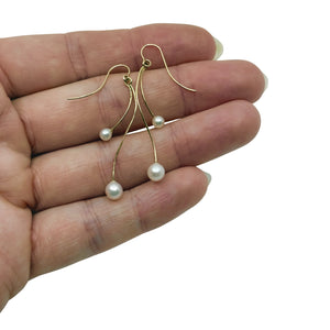 Vintage Dangle Japanese Akoya Saltwater Cultured Pearl Pierced Hook Earrings- 14K Yellow Gold