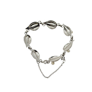 Vintage Textured Leafy Link Japanese Saltwater Akoya Cultured Pearl Bracelet- Sterling Silver