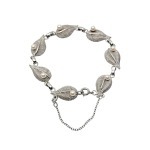 Vintage Textured Leafy Link Japanese Saltwater Akoya Cultured Pearl Bracelet- Sterling Silver