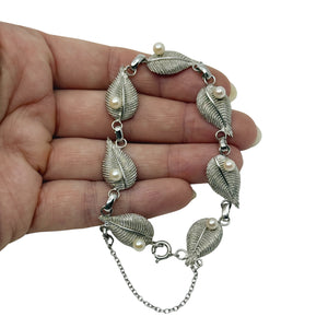 Vintage Textured Leafy Link Japanese Saltwater Akoya Cultured Pearl Bracelet- Sterling Silver