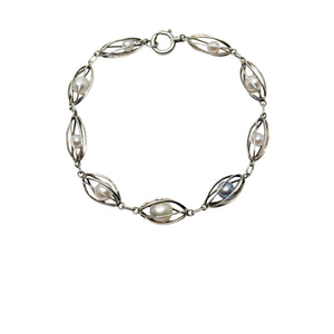 Blue & White Japanese Saltwater Akoya Cultured Pearl Cadge Bracelet- Sterling Silver