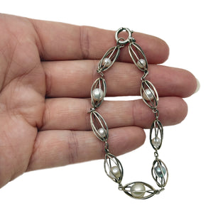 Blue & White Japanese Saltwater Akoya Cultured Pearl Cadge Bracelet- Sterling Silver