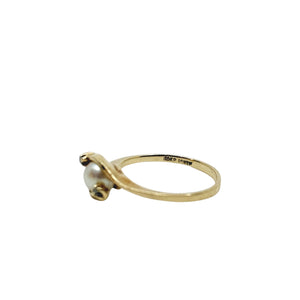 Vintage Bypass White Diamond Japanese Saltwater Akoya Cultured Pearl Ring- 10K Yellow Gold Size 5.75