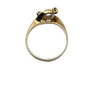 Vintage Bypass White Diamond Japanese Saltwater Akoya Cultured Pearl Ring- 10K Yellow Gold Size 5.75