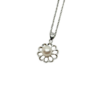 Japanese Chrysanthemum Saltwater Akoya Cultured Pearl Modernist Pendant Necklace- Sterling Silver 16.5 Inch
