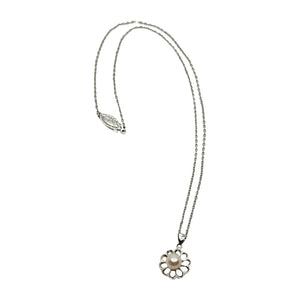 Japanese Chrysanthemum Saltwater Akoya Cultured Pearl Modernist Pendant Necklace- Sterling Silver 16.5 Inch