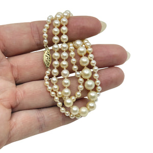 Graduated Vintage Japanese Saltwater Akoya Cultured Pearl Necklace - 14K Yellow Gold 19.50 Inch