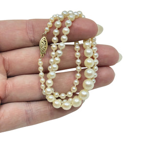 Graduated Vintage Japanese Saltwater Akoya Cultured Pearl Necklace - 14K Yellow Gold 17.25 Inch