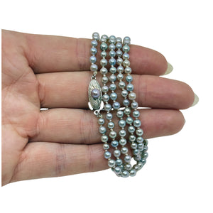 Petite 3.50mm Vintage Blue Japanese Saltwater Cultured Akoya Pearl Necklace - Sterling Silver 32 Inch
