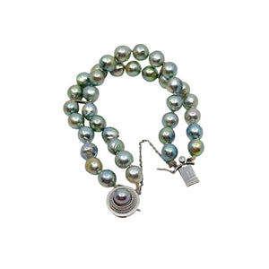 Baroque Double Strand Rainbow Blue Japanese Saltwater Akoya Cultured Pearl Bracelet- Sterling Silver