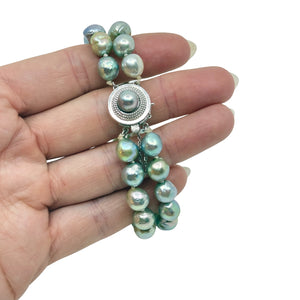 Baroque Double Strand Rainbow Blue Japanese Saltwater Akoya Cultured Pearl Bracelet- Sterling Silver