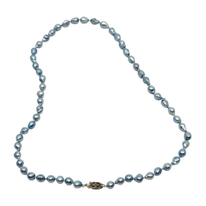 Vintage Baroque Blue Japanese Saltwater Akoya Cultured Pearl Diamond Necklace - 10K White Gold 17 Inch