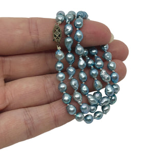 Vintage Baroque Blue Japanese Saltwater Akoya Cultured Pearl Diamond Necklace - 10K White Gold 17 Inch
