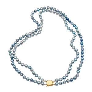 Vintage Double Strand Blue Japanese Saltwater Akoya Cultured Pearl Necklace- 14K Yellow Gold 17-19 Inch